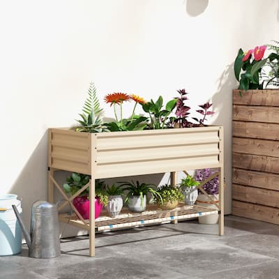 Outsunny Raised Garden Bed with Galvanized Steel Frame, Storage Shelf and Bed Liner, Elevated Planter Box