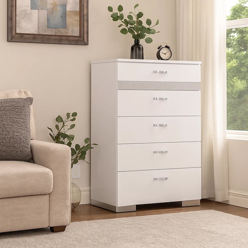 Chest With Six Center Metal Glide Drawers In White Gloss Finish