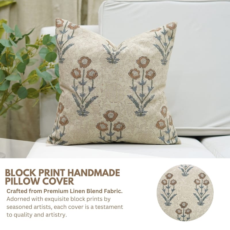 Fabdivine Hand Block Print Floral Pillow Cover Linen Cushion Case for Sofa Guest Room Fall Home Accent Gift, Shehjan