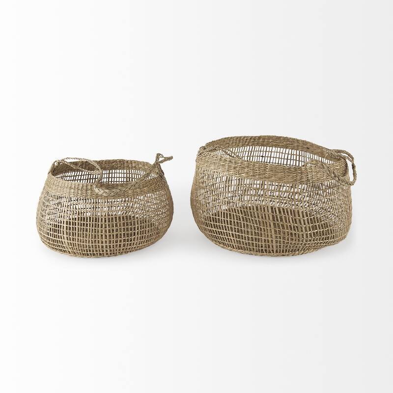 Set of Two Wicker Storage Baskets with Long Handles - 14.9606" W x 14.9606" D x 9.4488" H