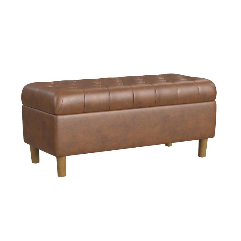 Sol Storage Bench Ottoman, Brown Faux Leather and Hardwood, 36 Inch