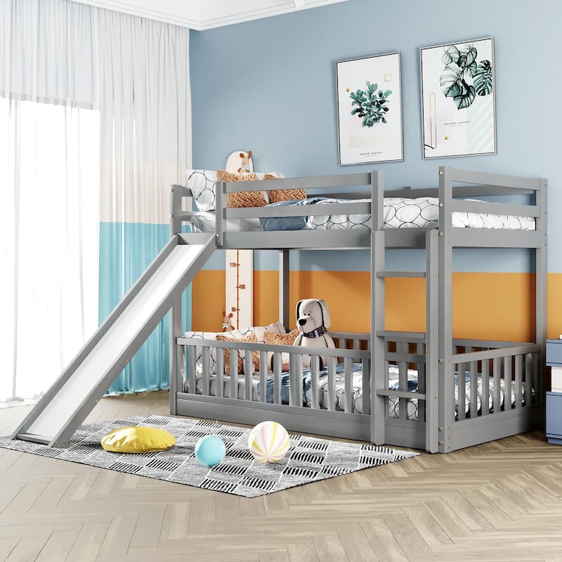 Floor Bunk Bed with Slide, Twin Over Twin Bunk Bed for Kids Toddlers