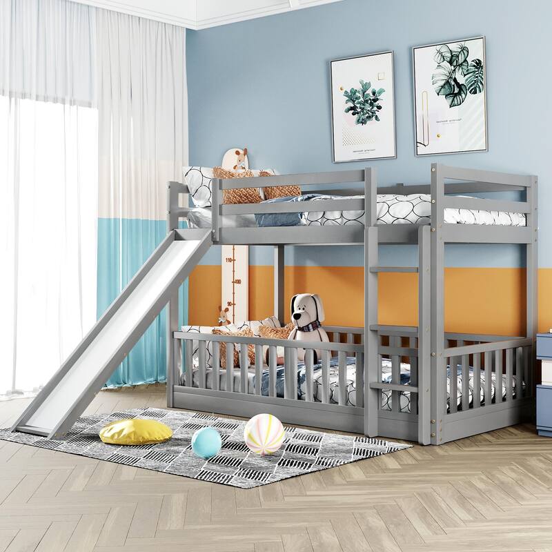 Solid Wood Twin Over Twin Bunk Bed for Kids with Slide and Ladder, Low Floor Twin Bunk Beds with Safety Guardrails, Noise Free - Gray - Twin