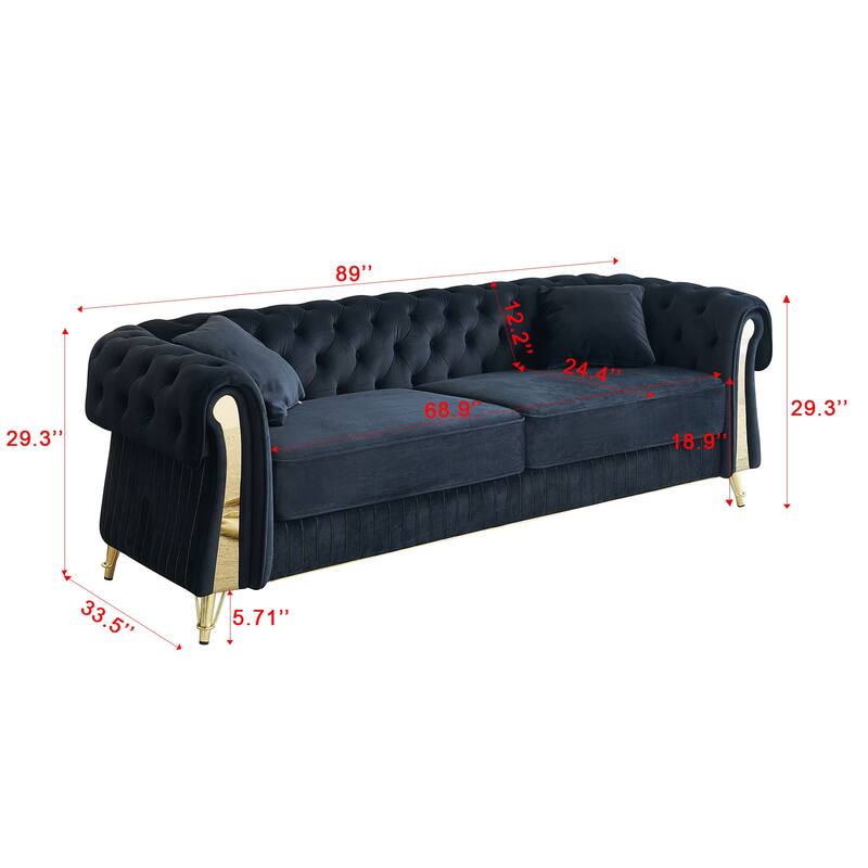 89" Velvet 3-Seater Sofa with 2 Seat Cushions & 2 Toss Pillows
