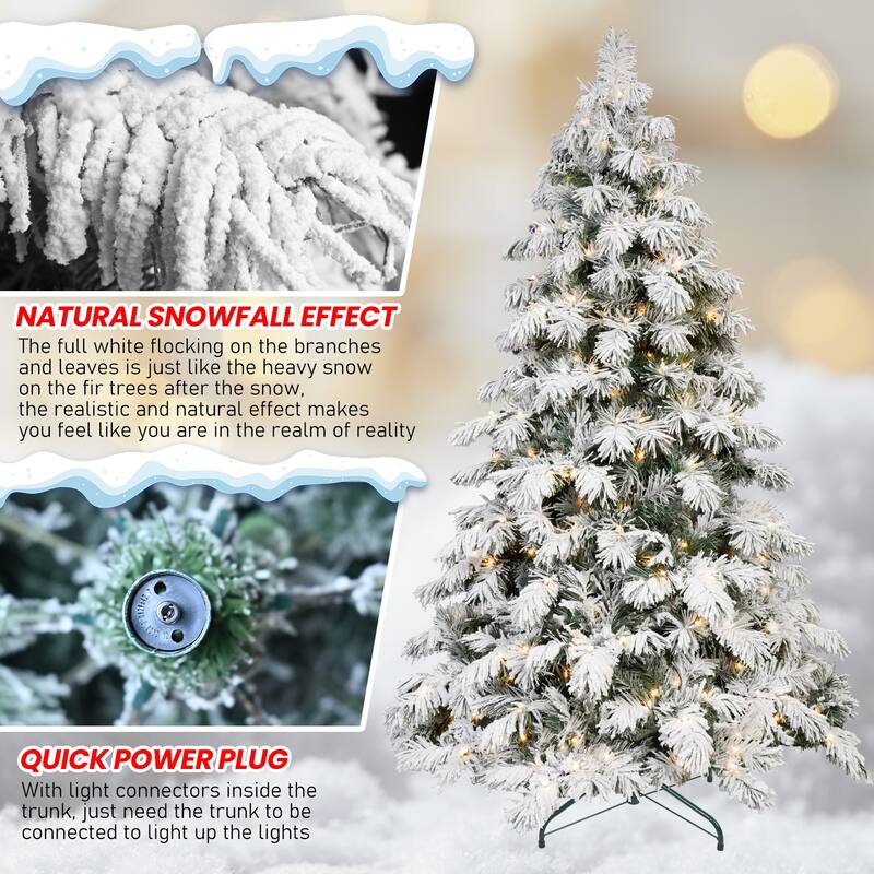 5ft Flocked Scarecrow-Shaped Christmas Tree with 200 Warm White LED Lights,375 PVC Memory Wire Tips,Power Pole&Hinged Structure