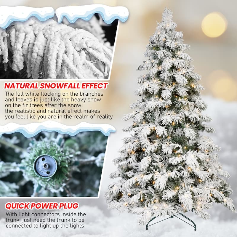 7ft Flocked Scarecrow-Shaped Christmas Tree with 360 Warm White LED Lights,890 PVC Memory Wire Tips,Power Pole&Hinged Structure
