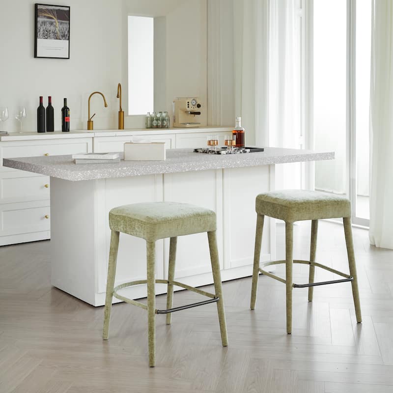 Set of 2 Light Green Fabric Backless Bar Stools, Padded Seat with Sturdy Legs & Footrest, Counter Height