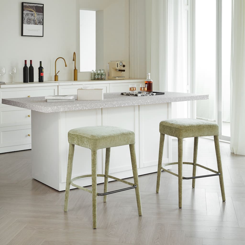 Set of 2 Light Green Fabric Backless Bar Stools, Padded Seat with Sturdy Legs & Footrest, Counter Height
