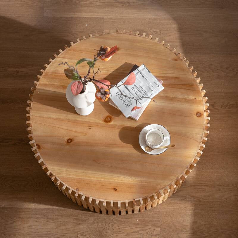 Cylindrical Coffee Table, 31.5" Solid Wood Coffee Table, Mid Century Modern Tea Table, Rustic Center Table for Living Room
