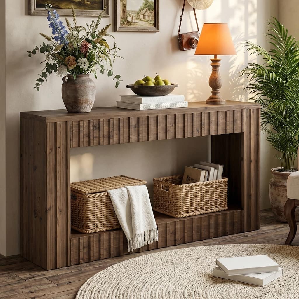 Solid Wood Sofa Table, 63" Long Console Table with Open Storage, Entryway Table for Living Room, Hallway, Foyer