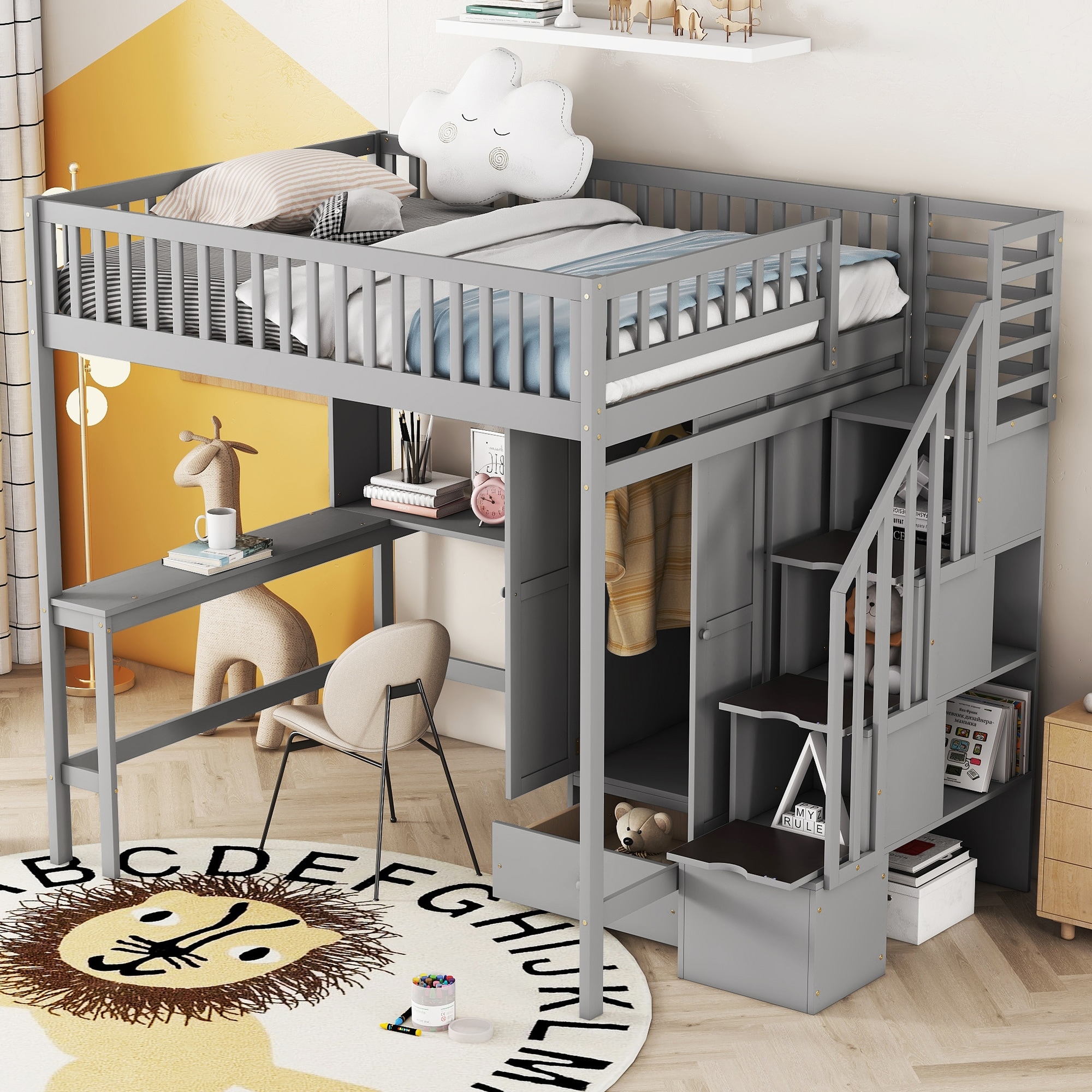 Full loft bed with shop desk and stairs