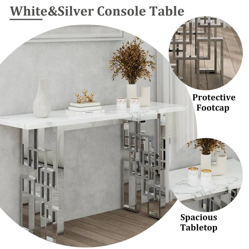Modern Console Table 55 inch Sofa Table with High Gloss Top and Mirrored Metal Base for Entryway Living Room