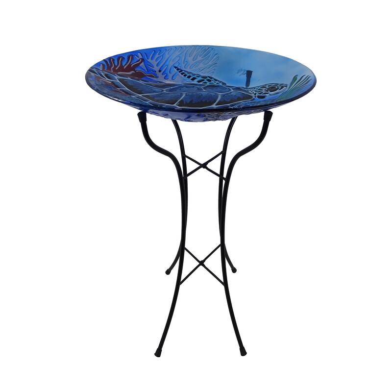 Alpine Corporation KBD172A-18 18" Glass Birdbath with Turtle Accent and Black Metal Stand, Outdoor Garden and Patio Decor, Blue