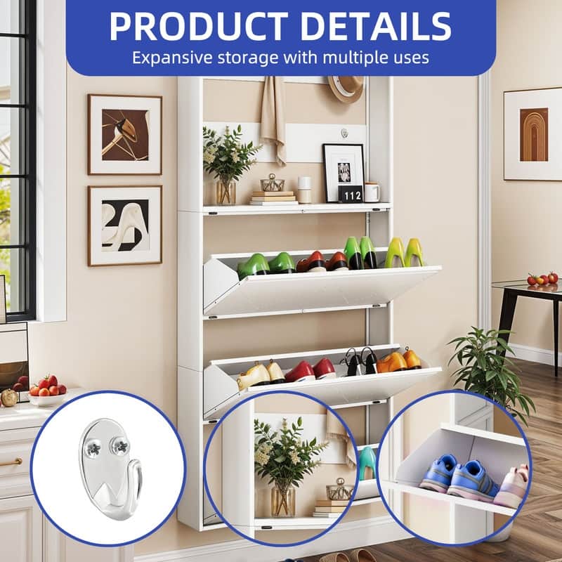 Moasis Wall-Mounted Shoe Cabinet with 3 Flip Drawers, Shoe Organizer with Hanging Bars and Hooks