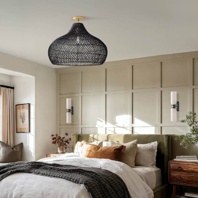 Latigo Rattan Flush Mount - Rattan Black 1-Light Handwoven Ceiling Light for Bedroom or Dining Room in Farmhouse, Country Style