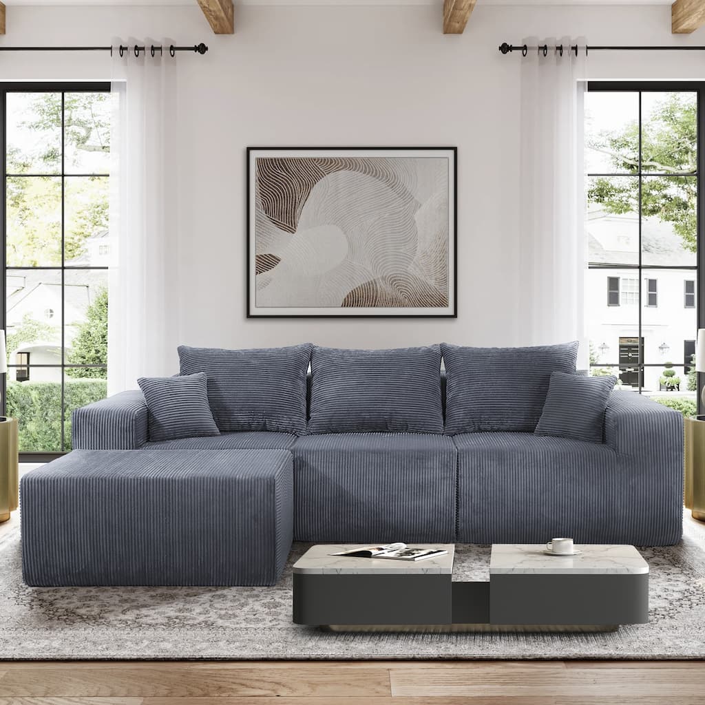 L-Shaped Modular Sectional Sofa with Chaise Lounge, Oversized Corduroy Upholstered Sofa, 4 Seater Sofa with Throw Pillows