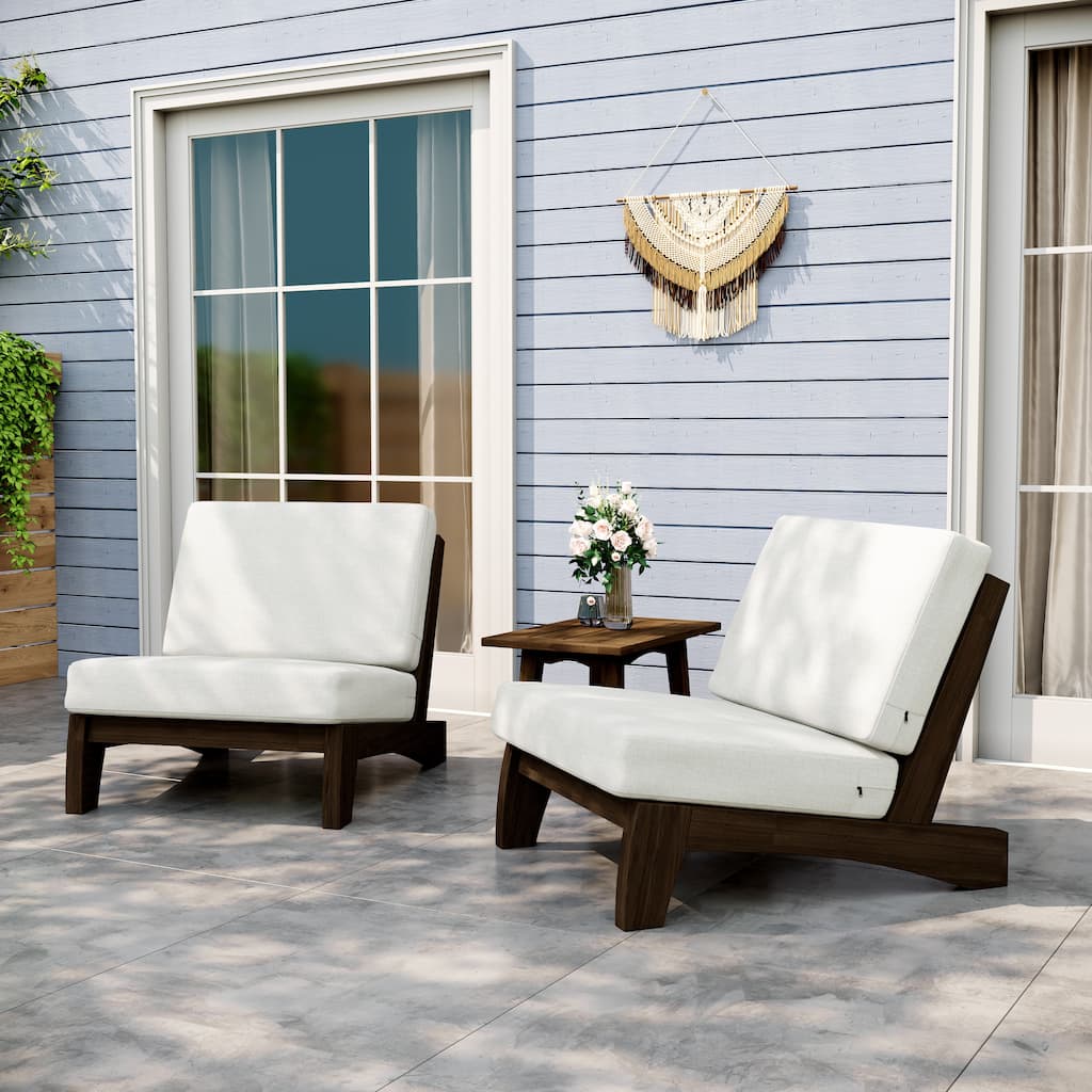 3-Piece Cushioned Acacia Wood Conversation Chair Set With Side Table
