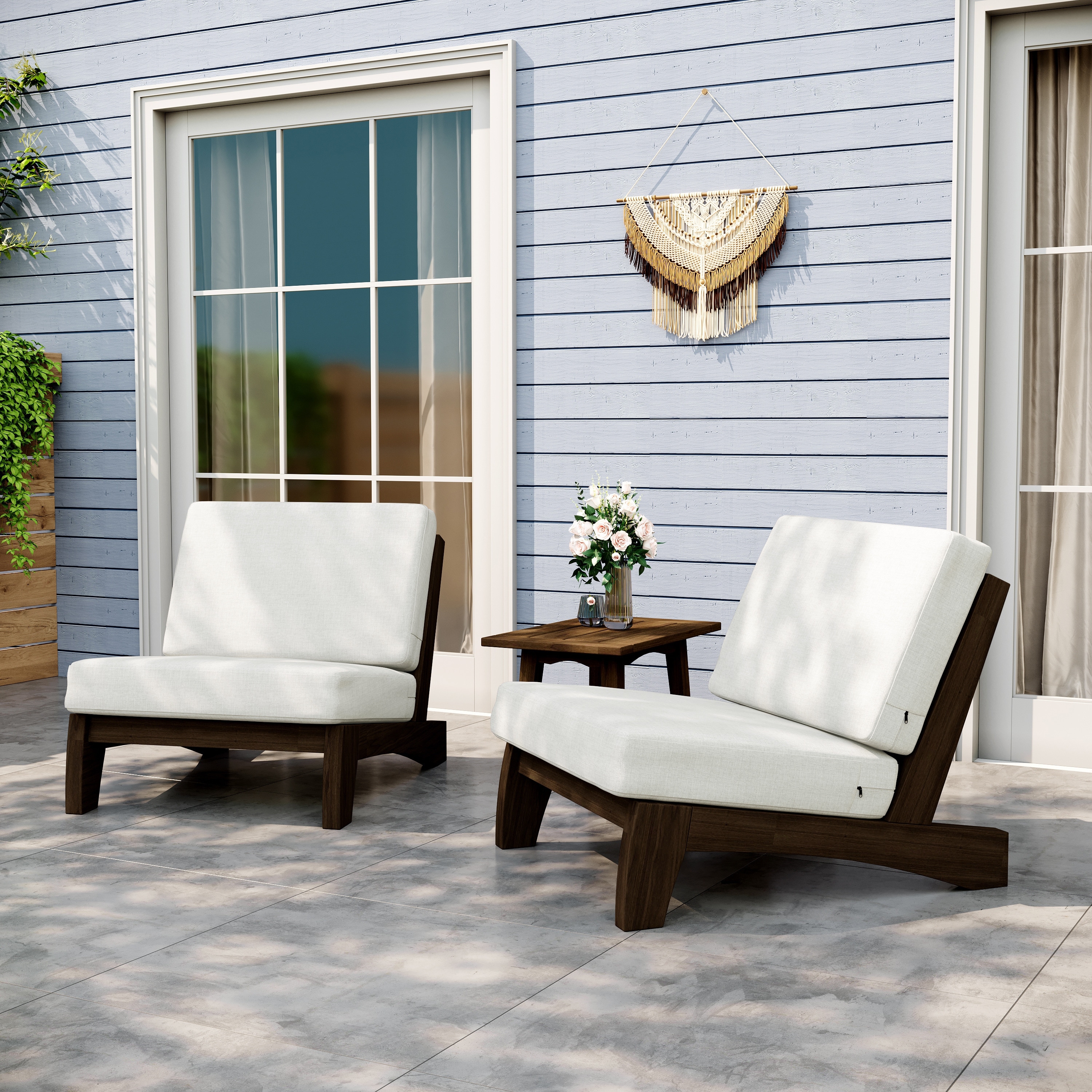 Outdoor Club Chairs Set of 2 with Cushions and Wood Frame