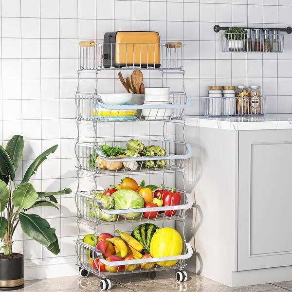 5 Tier Stackable Metal Wire Basket Cart with Rolling Wheels - Bed Bath ...