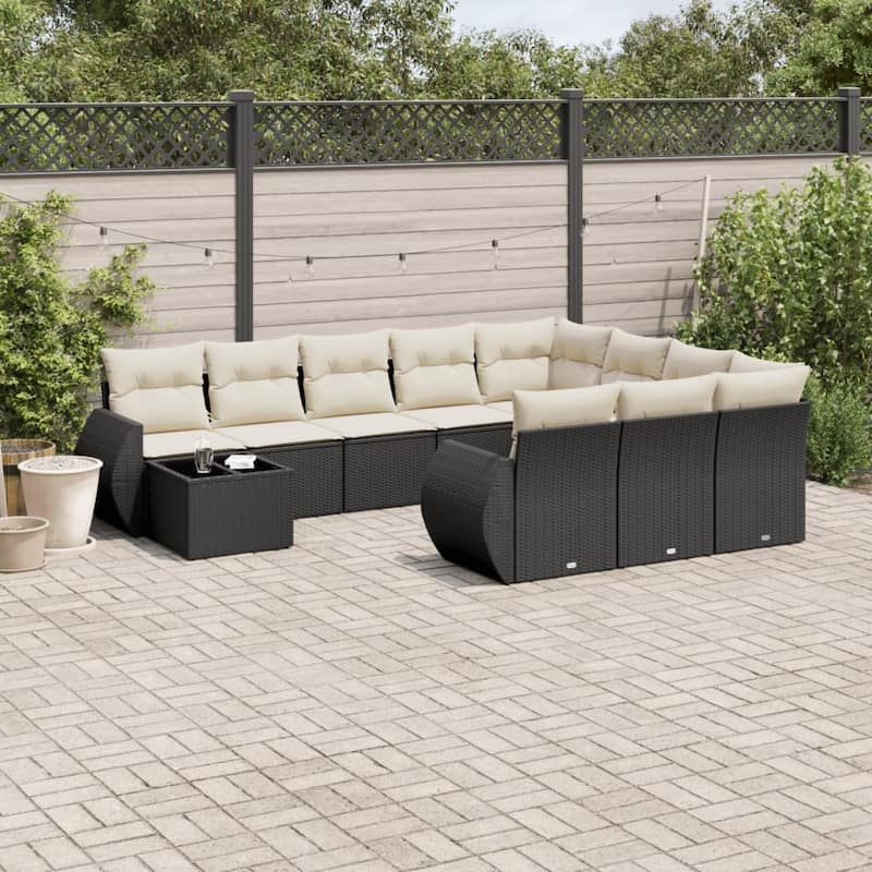 vidaXL Patio Sofa Set with Cushions Outdoor Furniture 11 Piece Poly Rattan - 21.7 x 21.7 x 14.6 - Black and cream