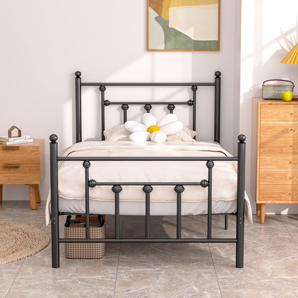 14 Inch Metal Victorian Platform Bed Frame with Headboard and Footboard, Heavy Duty Mattress Foundation with Steel Slats Support
