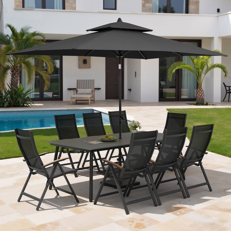 11PC Outdoor Patio Dining Set Aluminum Table with Folding Armchairs w/ Premium Market Umbrella Sets - GreyTable&BlackChairs&BlackUmbrella