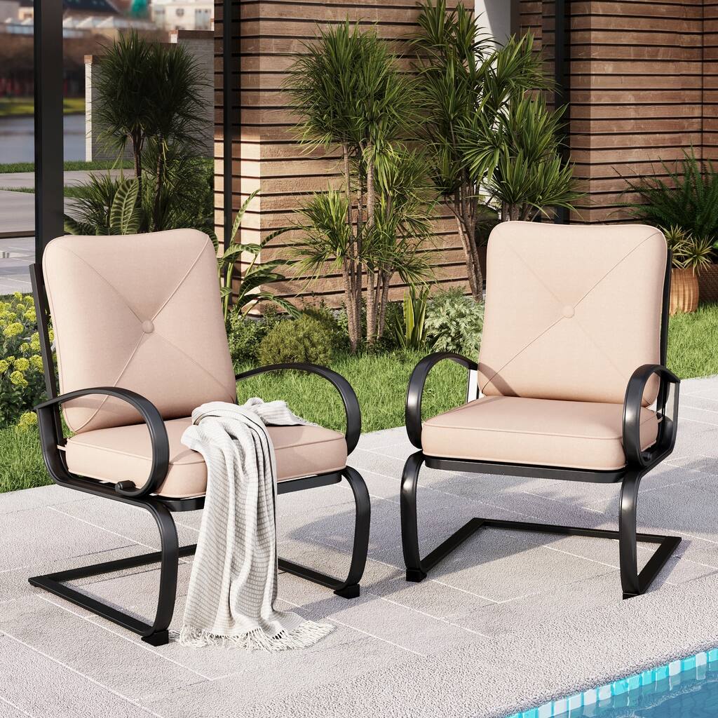 2-Piece C-Spring Patio Metal Dining Chairs with Cushions