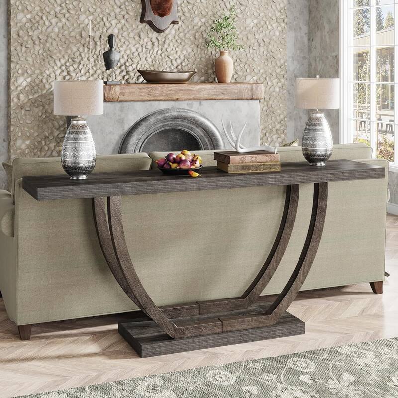 63 Inches Skinny Console Table with Geometric Base for Living Room Foyer - Grey