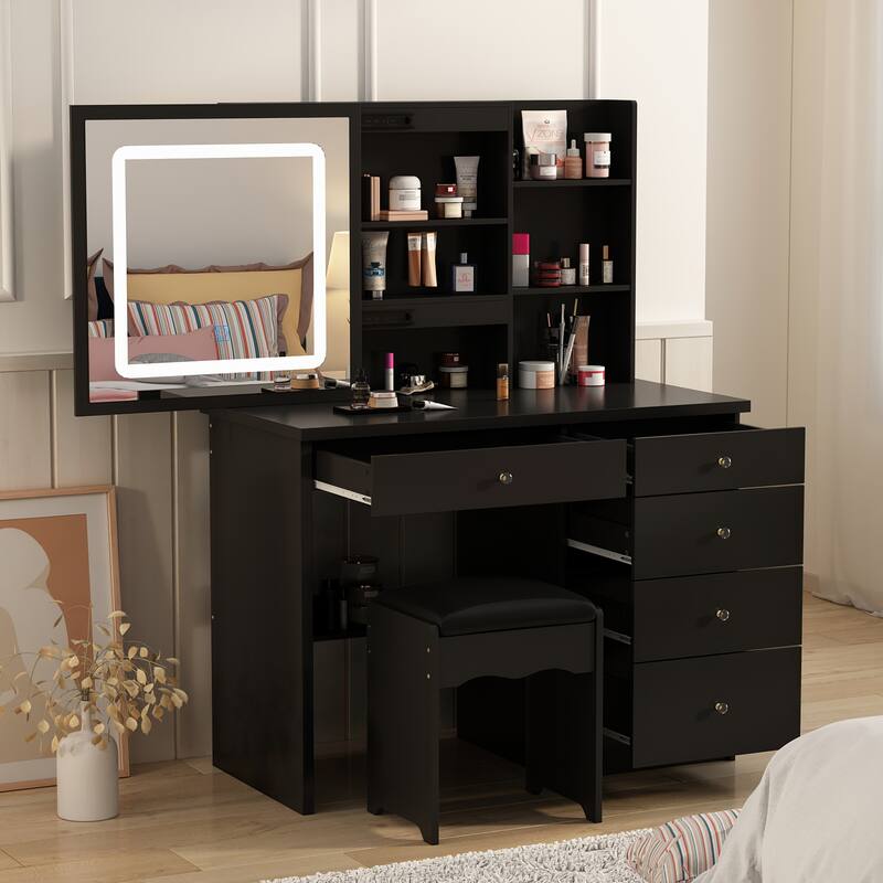 39.4'' Wide Makeup Vanity Set with Stool and Mirror - Black