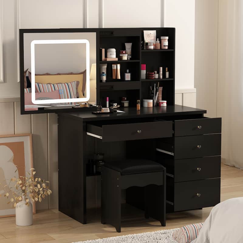 39.4'' Wide Makeup Vanity Set with Stool and Mirror