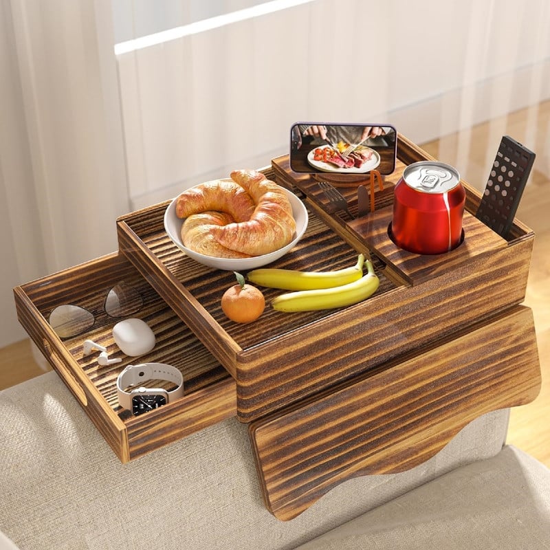 Couch Cup Holder Tray - 13.9"L x 9.8"W x 3"H - Brown 2