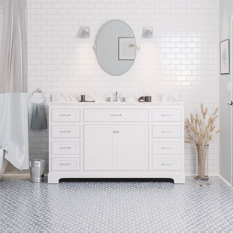 KitchenBathCollection Aria 60" Single Bathroom Vanity with Carrara Marble Top - White