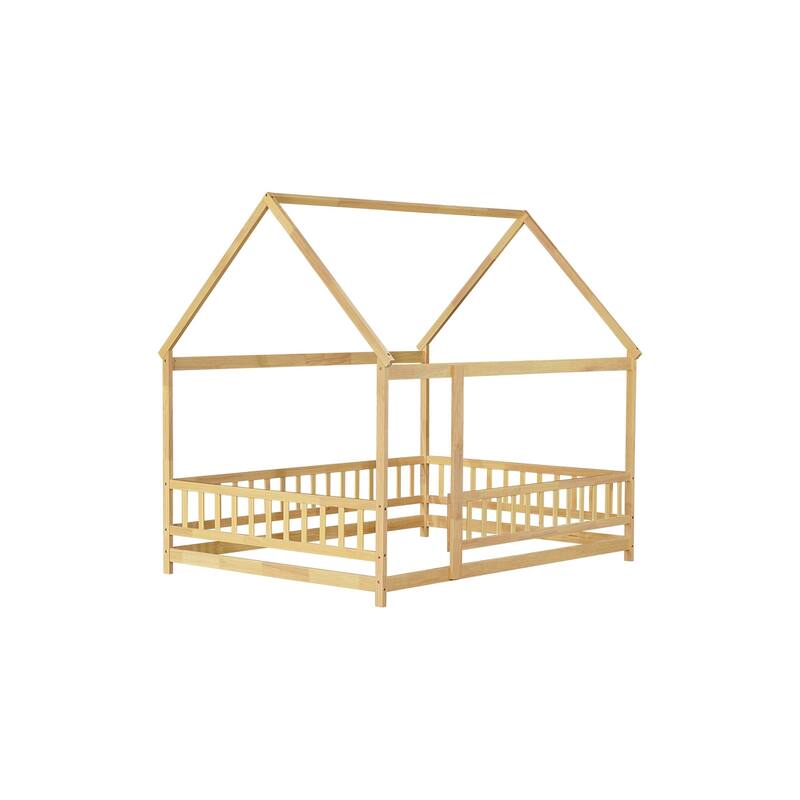 Full Size House Floor Wooden Bed with Roof Frame
