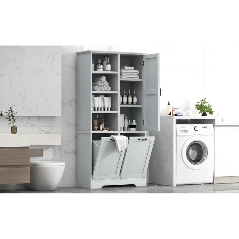 Roomfitters 68" Tall Bathroom Storage Cabinet with Dual Tilt-Out Laundry Hampers, Open Shelves & Adjustable Storage