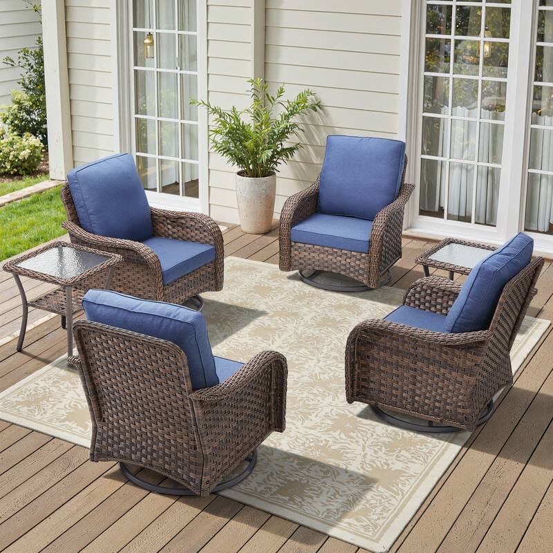 Cavira 6-Piece Brown Wicker Outdoor Patio Swivel Glider Chairs with Side Tables