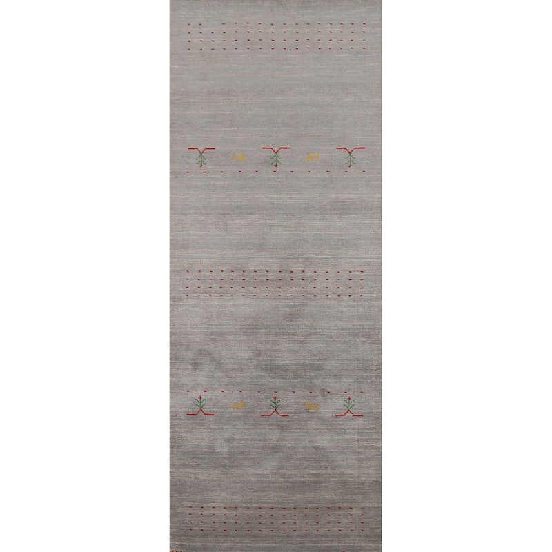 Gray Gabbeh Runner Rug Hand-Knotted Tribal Modern Wool Carpet - 2'10"x 9'7"