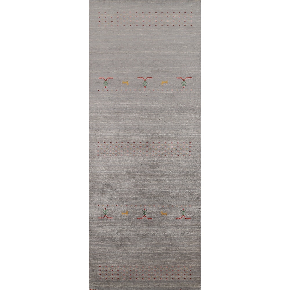 Gray Gabbeh Runner Rug Hand-Knotted Tribal Modern Wool Carpet - 2'10"x 9'7"
