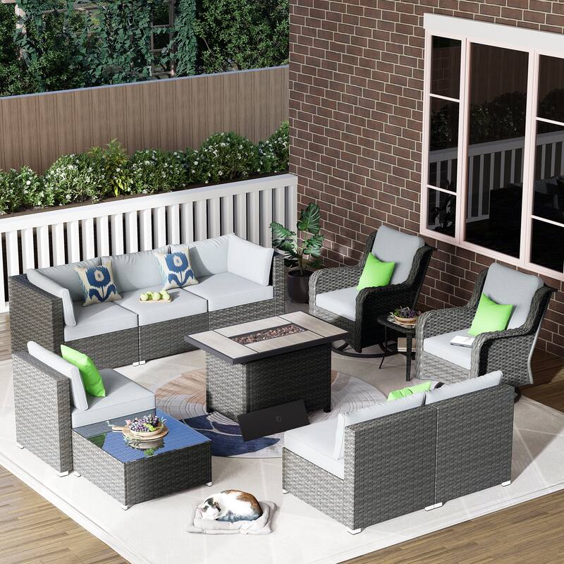 OVIOS 11-Piece Low-profile Swivel Chair Fire Table Outdoor Patio Furniture Set - Light Gray
