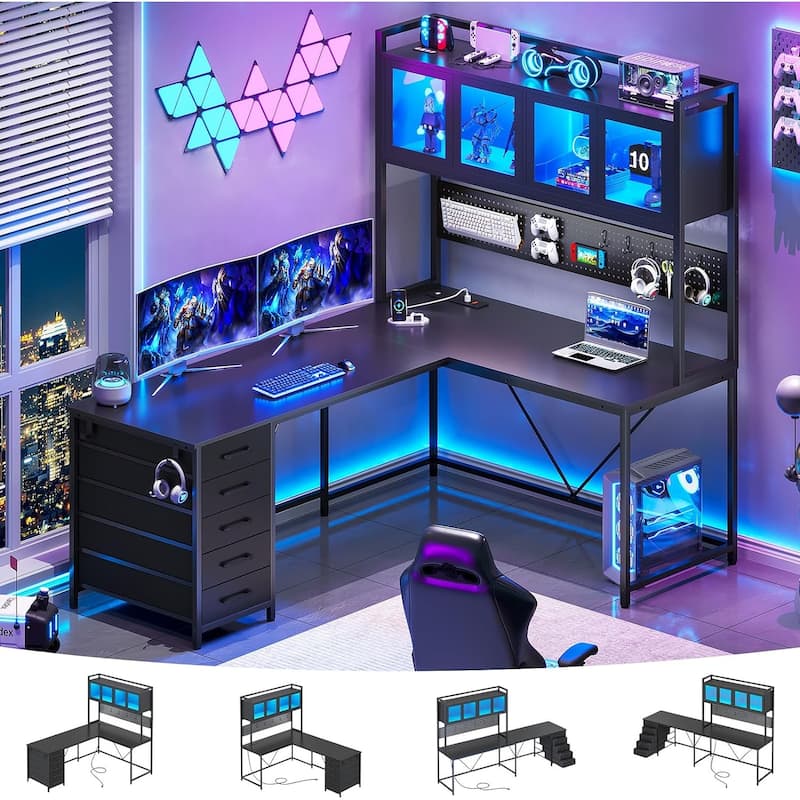 L Shaped Gaming Desk Computer Desk Pegboard 5 Drawers Storage Shelf