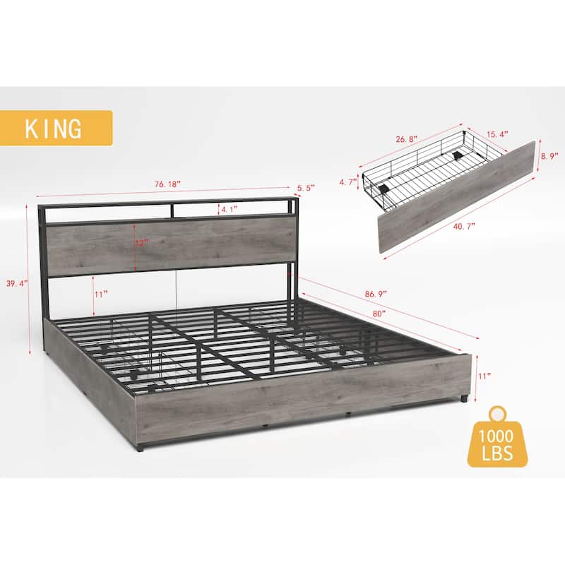 Storage Headboard with Charging Station, Solid and Stable, Noise Free, No Box Spring Needed, Easy Assembly