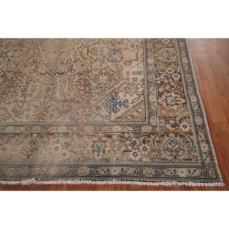 Distressed Tabriz Vintage Persian Rug Hand-Knotted Peach Wool Carpet - 6'7" x 9'8"