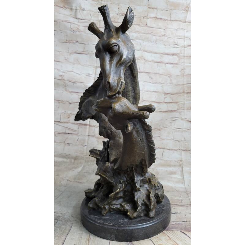 Mother And Baby Giraffe Bronze Bust Sculpture Statue Figure Decor 18 Inches X 9 Inches