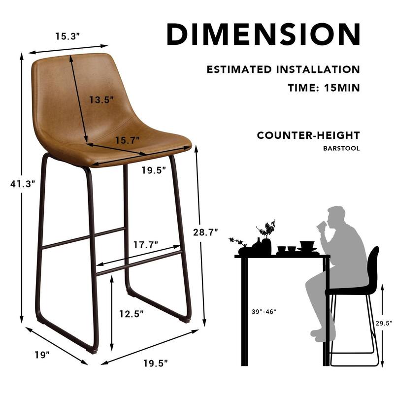 Furniwell 41.3 Inch High Faux Leather Counter Bar Stool, Set of 2