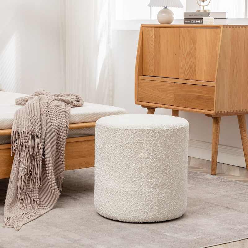 KINWELL Round Upholstered Pouf Ottoman Footrest - 18' x18' x18' - Boucle White 18"