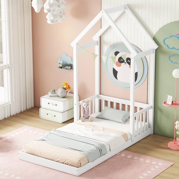 slide 2 of 18, Twin House-shaped Roof Headboard Floor Bed, (without slats), White White