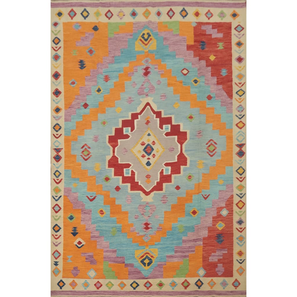 Hand Woven Oriental 100% Wool Carpet Southwestern Tribal Navy Blue & Blues Kilim Area Rug - 11' 11'' X 8' 7''