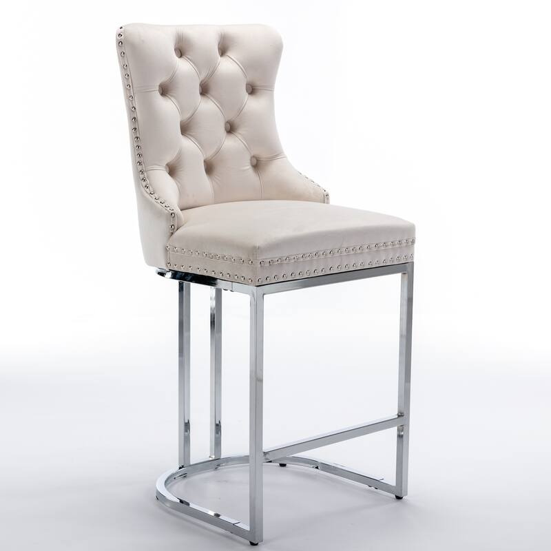 Roomfitters Velvet Counter Height Bar Stools Set of 2, Tufted Upholstered Bar Chairs with Nailhead Trim and Chrome Metal Base