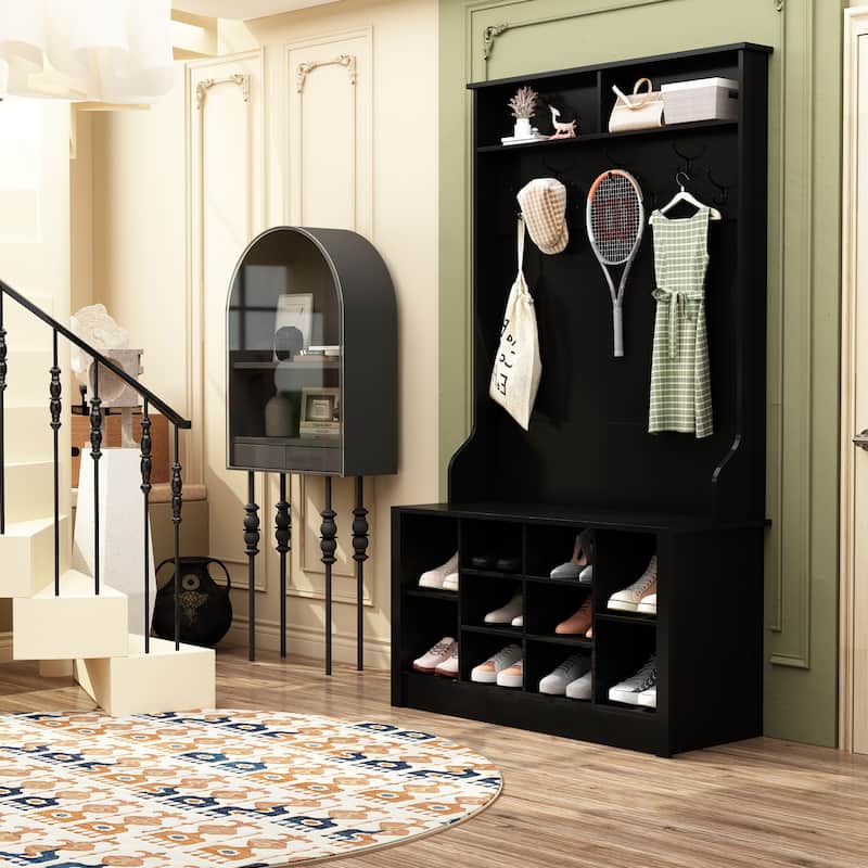 Coat Rack and Storage Bench Hall Tree with Shoe Rack for Entryway - Black