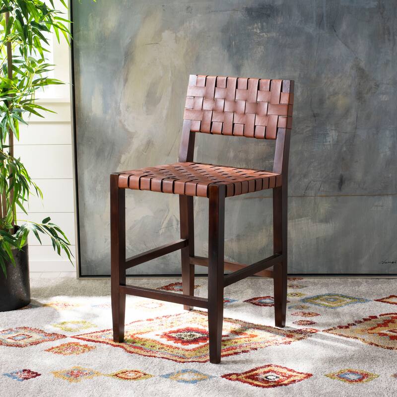 SAFAVIEH Zadie -24 Inch Woven Leather Counter Stool / Walnut - 18"W x 20"D x 36" H - 18Wx20Dx36H