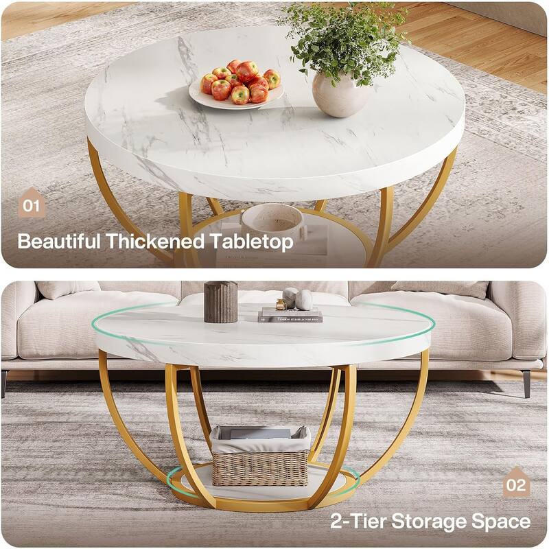 Modern Round Coffee Table, 31.7" 2 Tier Coffee Table with Faux White Marble and Golden Metal Legs, Circle Center Table